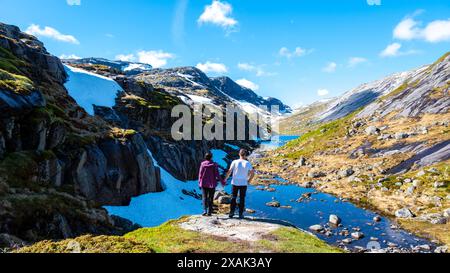 Zwei Personen stehen Hand in Hand und bewundern die atemberaubende Landschaft eines norwegischen Fjords, während sich ein sanfter Bach durch das zerklüftete Berggelände schlängelt. Kjeragbolten Norwegen Stockfoto