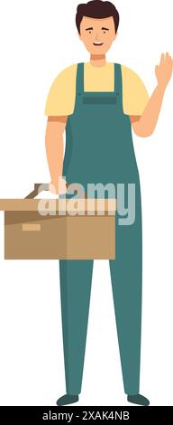 Ein Reparaturmann mit einem Werkzeugkasten winkt mit der Hand, bereit für einen neuen Job Stock Vektor