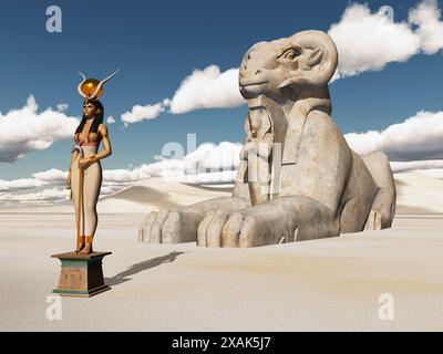 Göttin Hathor und Aries sphinx in einer Sandwüste Stockfoto