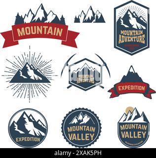 Set aus Labels, Emblemen und Designelementen für die Bergforschung. Vektoretiketten mit Bergen, Bäumen, Eisaxt. Symbole für Abenteuer und Outdoor-Aktivitäten Stock Vektor