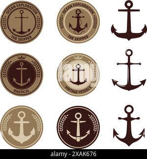 Set der nautischen Etiketten mit Ankern. Anker-Embleme. Meeresforschung. Ankersymbole. Stock Vektor