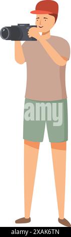 Junger männlicher Fotograf, der Fotos mit professioneller Kamera macht, lächelnder Tourist, der während der Reise Fotos macht Stock Vektor