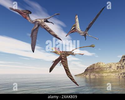 Pterosaurier Pterodactylus und Peteinosaurus über dem Meer Stockfoto