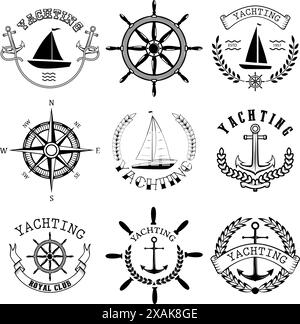 Labels für den Yachting Club. Yachtclub. Nautische Embleme. Vektorentwurzelemente. Stock Vektor