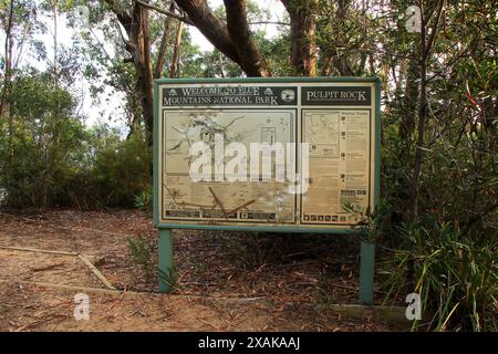 Karte des Weges zum Pulpit Rock Lookout und zum Bluegum Forest im Blue Mountains National Park in New South Wales, Australien Stockfoto