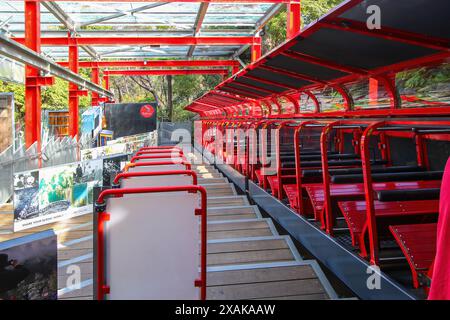 Katoomba, Australien - 2. März 2023 : Talstation der Scenic Railway, einer Steigungsbahn, die im Jamison Valley in den Blue Mountains hinunterführt Stockfoto