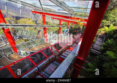 Katoomba, Australien - 2. März 2023 : Talstation der Scenic Railway, einer Steigungsbahn, die im Jamison Valley in den Blue Mountains hinunterführt Stockfoto