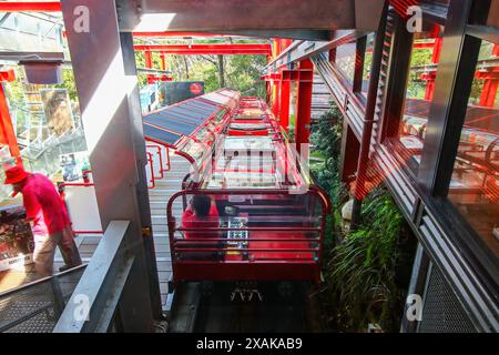 Katoomba, Australien - 2. März 2023 : Talstation der Scenic Railway, einer Steigungsbahn, die im Jamison Valley in den Blue Mountains hinunterführt Stockfoto