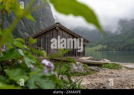 Europa, Deutschland, Bayern, Bayerische Alpen, Berchtesgaden, rustikales Bootshaus am Obersee Stockfoto