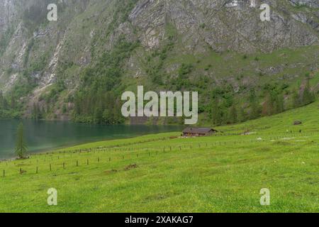 Europa, Deutschland, Bayern, Bayerische Alpen, Berchtesgaden, Blick auf die Fischunkelalm am Obersee Stockfoto