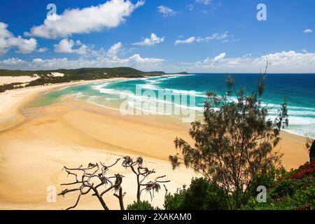 Tropischer Strand des Korallenmeeres, von einem Aussichtspunkt auf dem Indian Head Outcrop, einer Landzunge an der Ostseite von Fraser Island (K'gari) o, gesehen Stockfoto