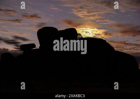 Silhouette der Devils Marbles (Karlu Karlu in Aborigine-Sprache) bei Sonnenuntergang im Australian Red Center, Northern Territory - Granitblöcke für Stockfoto