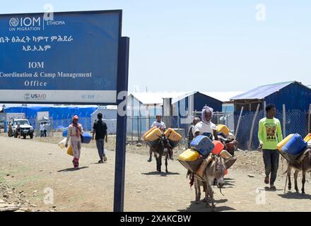 ÄTHIOPIEN, Tigray, Mekelle, Folgen des Tigray-Krieges 2020-2022, IDP-Lager Sebacare 4 für Binnenvertriebene und Kriegsflüchtlinge / ÄTHIOPIEN, Tigray, Mekelle, IDP-Lager Sebacare 4 IDP-Standort am Stadtrand für Vertriebene des Tigray Krieges 2020-2022 Stockfoto