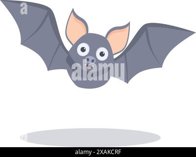 Freundliche und lächelnde Zeichentrickfledermaus mit großen Augen flattert mit den Flügeln und fliegt Stock Vektor