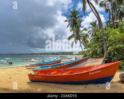 Nordamerika, Karibik, Großantillen, Hispaniola, Dominikanische Republik, Halbinsel Samana, Las Terrenas, bunte Fischerboote am Strand von Las Terrenas Stockfoto