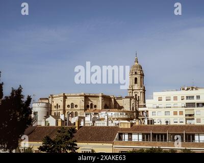 Blick auf die Kathedrale von Malaga mit der Skyline der Stadt von der Festung Alcazaba in Andalusien, Spanien Stockfoto
