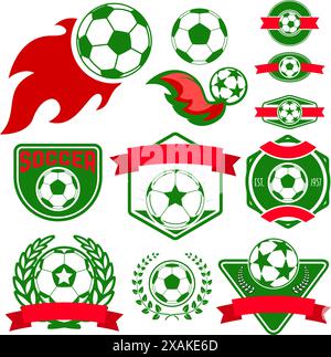 Set aus Fußball-Logos, Abzeichen und Designelementen. Sammlungssymbol für Fußball: Fußball, Heraldik, Abzeichen. Vektorabbildung. Stock Vektor