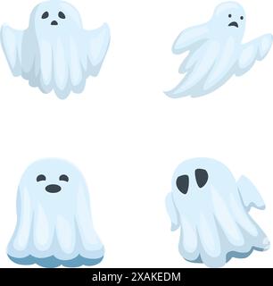 Set aus vier entzückenden und freundlichen Geisterillustrationen in verschiedenen Posen, isoliert auf weißem Hintergrund Stock Vektor