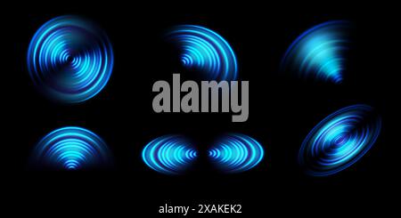 Sonarschallwelle. Runde Lichtneoneffekte Wellen, konzentrisches Kreissignal der Radiostation, Wi-Fi-Sensor. Blaues Water Ripple Vector Set. Symbol für die Netzwerkverbindung. Isolierte Erfassung von Internetsignalen Stock Vektor