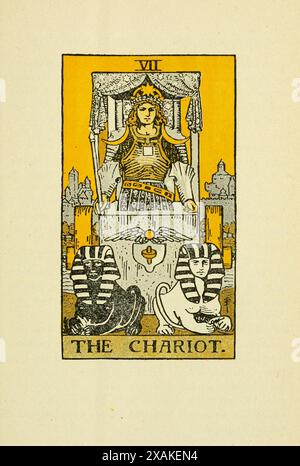 Der Wagen. Vintage-Tarot-Karte aus dem illustrierten Schlüssel zum Tarot, dem Schleier der Wahrsagung, der die größere und kleinere Arkana veranschaulicht, umhüllend: Den Schleier und seine Symbole. Von LAURON William de Laurence, 1918 Stockfoto