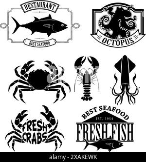 Sea Food Retro Vintage Labels wie Logos, Logotypen, Etiketten, Abzeichen, Stempel und Symbole. Stock Vektor