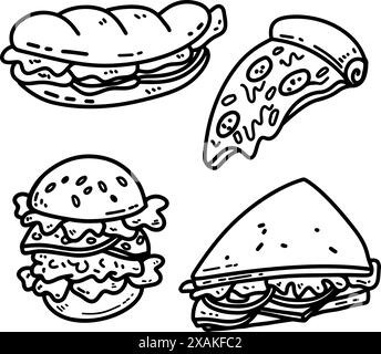 Set handgezeichnetes Fast Food. Set aus Fastfood im Doodle-Stil. Vektorabbildung Stock Vektor