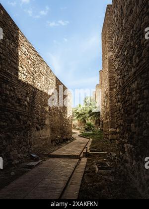 Mauern und Zinnen entlang des Weges zwischen den Festungen Alcazaba und Gibralfaro in Malaga, Andalusien, Spanien Stockfoto