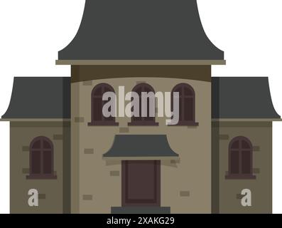 Abbildung eines großen alten Hauses mit dunklem Dach und brauner Tür, isoliert auf weißem Hintergrund Stock Vektor
