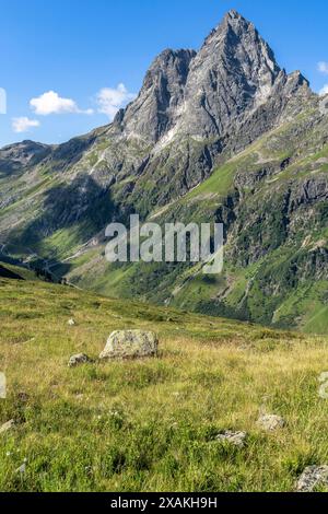 Europa, Österreich, Verwall, Tirol, St. Anton am Arlberg, Fasultal, Blick auf das markante Patteriol Stockfoto