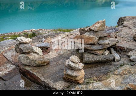 Europa, Österreich, Verwall, Tirol, St. Anton am Arlberg, Moostal, Steinbruch am Ufer des Kartell-Stausees Stockfoto