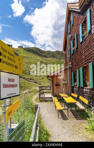 Europa, Österreich, Verwall, Tirol, Kappl, Wegweiser auf der Terrasse der Niederelbehütte Stockfoto