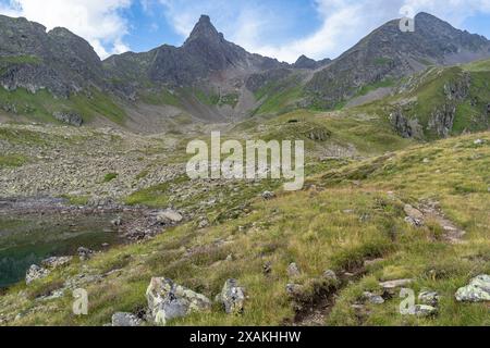 Europa, Österreich, Verwall, Tirol, Kappl, Blick auf Rugglespitze und Seßladspitze Stockfoto