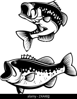 Wolfsbarsch Fisch Silhouetten isoliert auf weißem Hintergrund. Designelemente für Logo, Label, Emblem für den Angelverein. Vektorabbildung. Stock Vektor