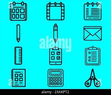 Sammlung verschiedener Modelle von Schreibwaren-Ikonen in Schwarz. Stock Vektor