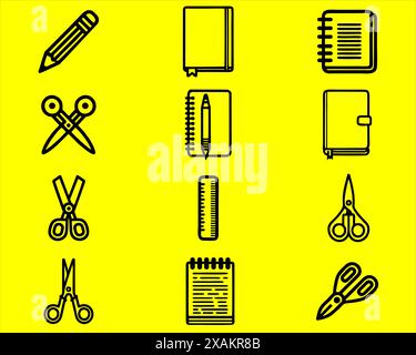 Sammlung verschiedener Modelle von Schreibwaren-Ikonen in Schwarz. Stock Vektor