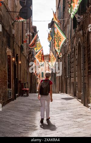 Contrade-Flagge des Stadtviertels Selva-Rhino hängt in einer Straße in der Innenstadt von Siena, Italien Stockfoto