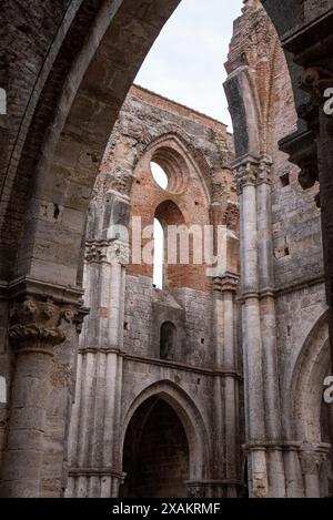 Bogen des mittelalterlichen Zisterzienserklosters San Galgano in der Toskana, Italien Stockfoto