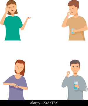 Sammlung von vier Abbildungen, die Personen mit verschiedenen Symptomen der Erkältung zeigen Stock Vektor