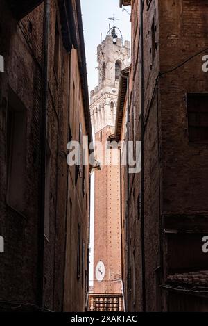 Turm des Palazzo Pubblico an der Piazza del Campo in der Innenstadt von Siena, Italien, aus einer engen Gasse gesehen Stockfoto