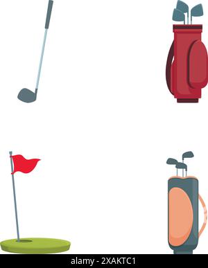 Sammlung einfacher und stilvoller Symbole für Golfausrüstung in flachem Design, perfekt zur Illustration der Ausrüstung und des Zubehörs eines professionellen Golfers Stock Vektor