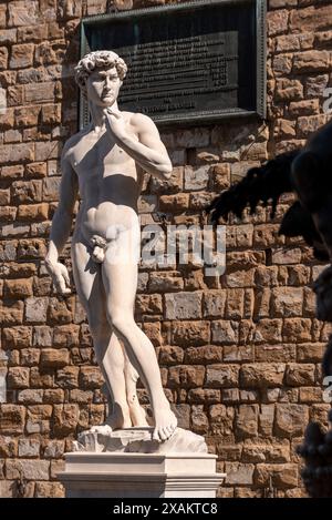Michelangelos berühmte David-Statue an der Piazza della Signoria in Florenz, Italien Stockfoto