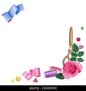 Aquarell Nähelemente Eckrahmen Clipart mit Rose, Fäden, Band, Schere, Kissen. Aquarellabbildung auf weißem Hintergrund. Stockfoto