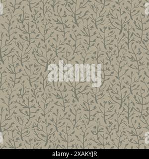 Nahtloses Hintergrundmuster für Blatt- und Zweigvektor. Hintergrund mit Herbstlaub und Stangen. Neutrales beigefarbenes Design. Verstreute Zweige dichte Textur Stock Vektor