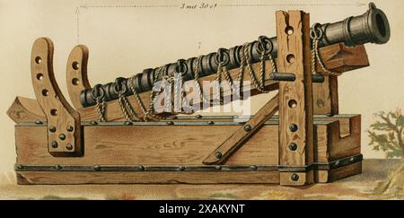 Mittelalter. Tragbare Schusswaffe. 13. Jahrhundert. Bombard. Cromolithographie. Historia General de Espana von Modesto Lafuente. Band II. Veröffentlicht in Barcelona, 1879. Stockfoto