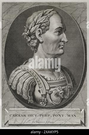 Gaius Julius Cäsar (100 v. Chr. - 44 v. Chr.). Römischer Politiker, General und Schriftsteller. 60 v. Chr. gründete er ein Triumvirat mit Pompeius und Crassus. Eroberte Gallien. Herrscher des Reiches ein Diktator in Ewigkeit (Diktator Perpetuus). Hochformat. Gravur. Commentaires de Cesar, avec des Notes historiques, critiques et militaires, von Graf Turpin de Crisse. Band I. veröffentlicht in Montargis und verkauft in Paris, 1785. Stockfoto