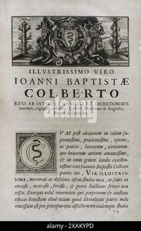 Illustrisimo Viro Ioanni Baptistae Colberto, Marquis de Seignelay (1651-1690). "Marca hispanica sive Limes hispanicus". Lateinisches Buch von Pierre de Marca (1594-1662). 1656 wurde er mit der Formalisierung des grenzvertrags zwischen den Königreichen Frankreich und Spanien beauftragt, eine Aufgabe, die sich in dieser Sammlung von fünf Büchern widerspiegelte und das französische Volk 1641 auf die annektierte Provinz Katalonien aufmerksam machte. Etienne Baluze vergrößerte und bearbeitete sie. Veröffentlicht in Paris 1688 von Francois Muguet. Historische Militärbibliothek von Barcelona. Katalonien, Spanien. Stockfoto