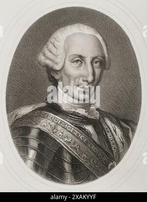 Karl III. (1716-1788). König von Spanien. Bourbon-Dynastie. Hochformat. Gravur von Masson. Lithographie von Magin Pujadas. "Historia General de Espana" von Modesto Lafuente. Band IV. Veröffentlicht in Barcelona, 1879. Stockfoto