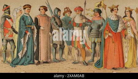 Geschichte Englands. 1400-1450. Von links nach rechts, 1: ritter (1417), 2: Dame, 3: König Heinrich V. von England (1386–1422), 4: earl, 5–6–7: Soldaten, 8: ritter, 9: König Heinrich VI. Von England (1421–1471), 10: Margarete von Anjou (1430–1482), Ehefrau von König Heinrich VI. Chromolithographie. "Historia Universal", von Cesar Cantu. Band VI, 1885. Stockfoto