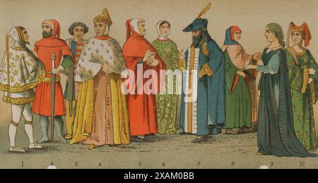 Geschichte Italiens. 1300. Von links nach rechts, 1: Cimabue (1240-1302), 2-3: Distinguished Men, 4: Doge von Venedig, 5: Petrarch (1304-1374), 6: Laura (Frau, die von Petrarch in seinen Gedichten idealisiert wurde), 7: Distinguished man, 8: Magistrate, 9-10: dames. Chromolithographie. "Historia Universal", von Cesar Cantu. Band VI, 1885. Stockfoto