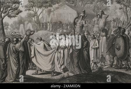 Viriathus (139 v. Chr.). Anführer des lusitanischen Volkes, das Mitte des 2. Jahrhunderts v. Chr. gegen die römische Expansion in Hispanien kämpfte. Tod des Viriathus. Zeichnung von Mendez. Stich von A. Roca. "Historia Universal", von Cesar Cantu. Band II, 1854. Stockfoto